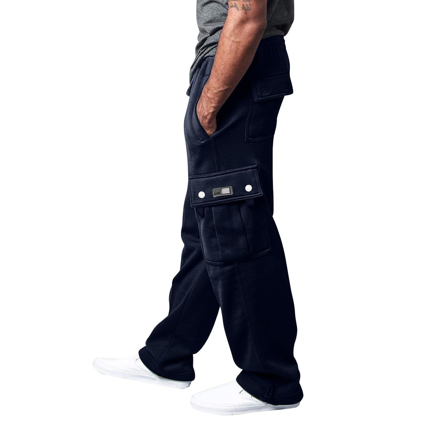 Mens Cargo Sweatpants Loose Fit Fleece Lined Straight Leg Sweatpants Plus Size Workout Athletic Joggers with Pockets Cotton Slim Fit Warm Uncuffed Open Bottom Leg Sweat Pants Jogging Exercise Pant