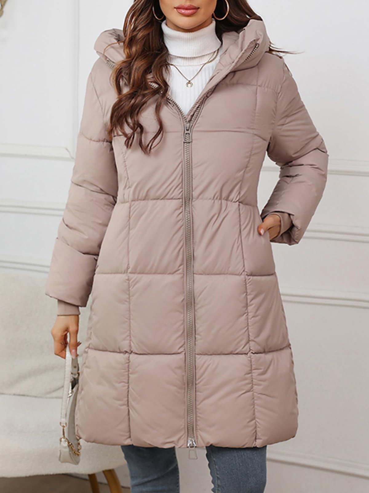 hathne Women's Winter Long Puffer Coat Hooded Lightweight Padded Jacket Outerwear with Pockets(Khaki,L)