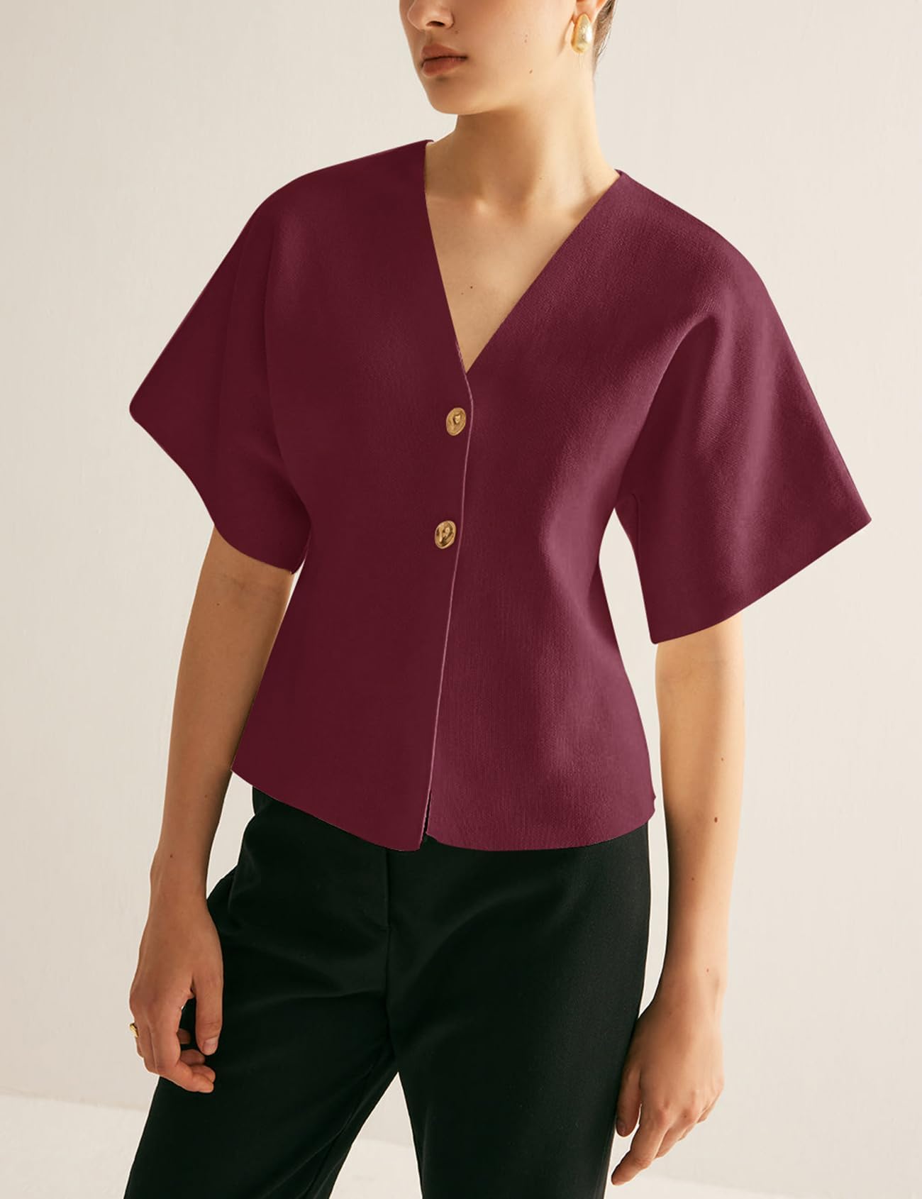 hathne Women's V Neck Short Sleeve Cardigan Sweater Button Down Ribbed Knit Tops(Wine Red,S