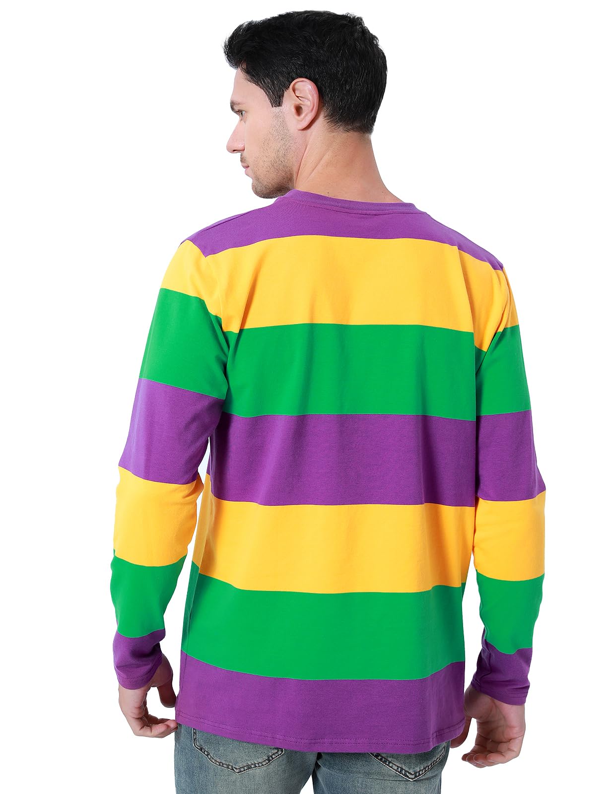 Funny World Mens Mardi Gras Shirt Purple Gold Green Striped Shirt Long Sleeve Holiday T Shirts, X-Large