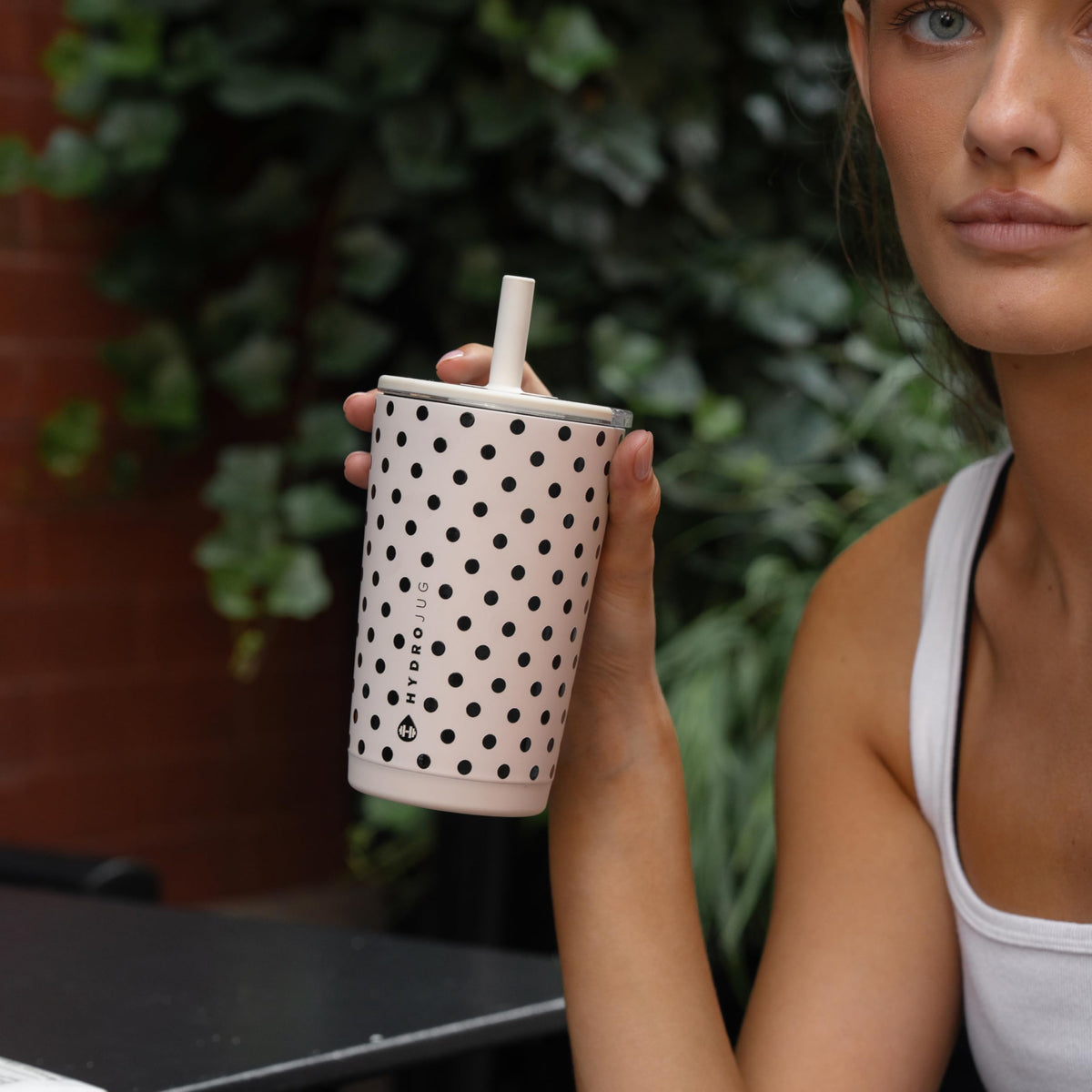HydroJug Polka Dot Everyday Tumbler 14 oz, Ceramic-Lined, French Vanilla