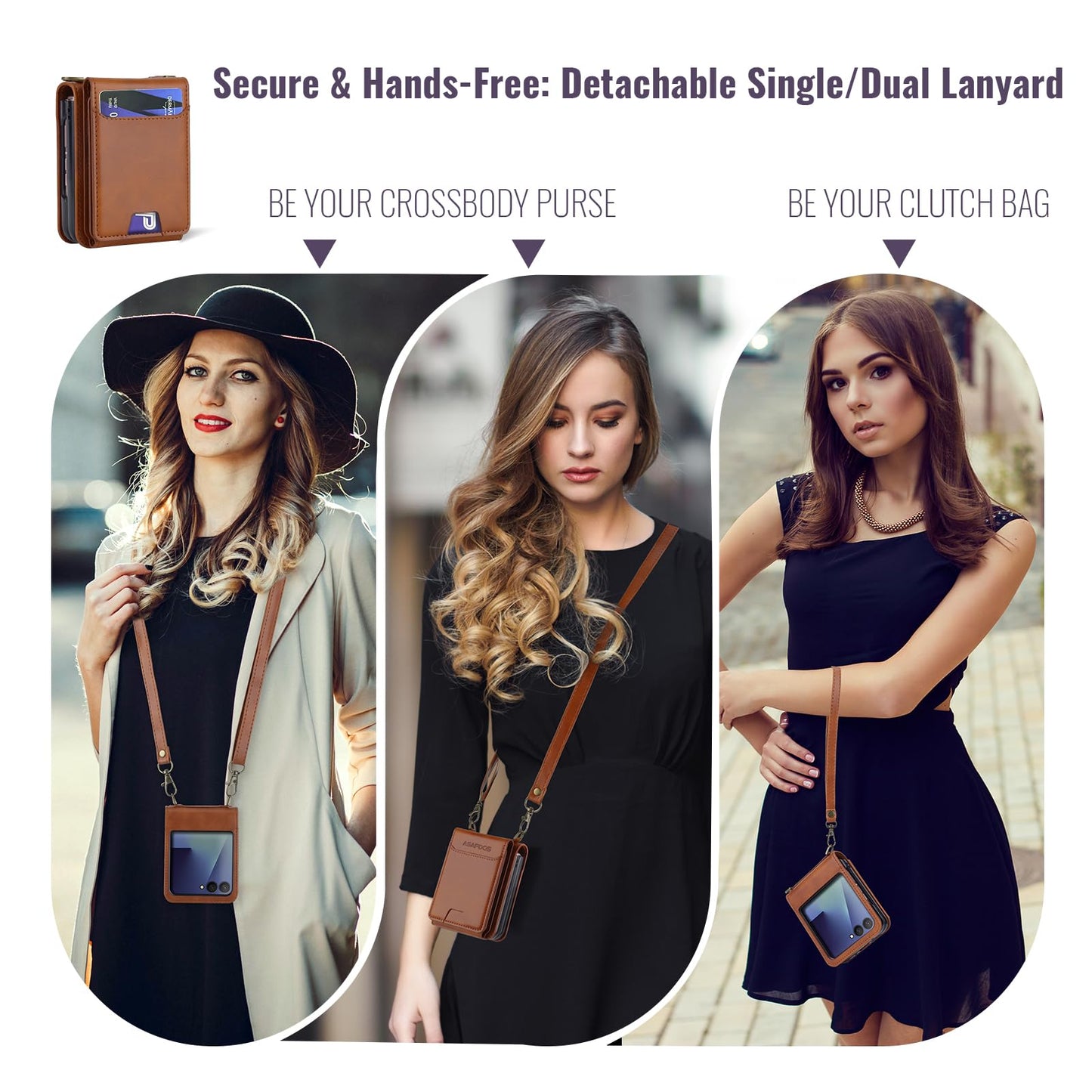 ASAPDOS for Samsung Galaxy Z Flip 7 PU Leather Wallet Phone Case with Card Slots (Holds 5-7 Cards), Anti-Drop Protection, Wrist & Shoulder Strap Brown