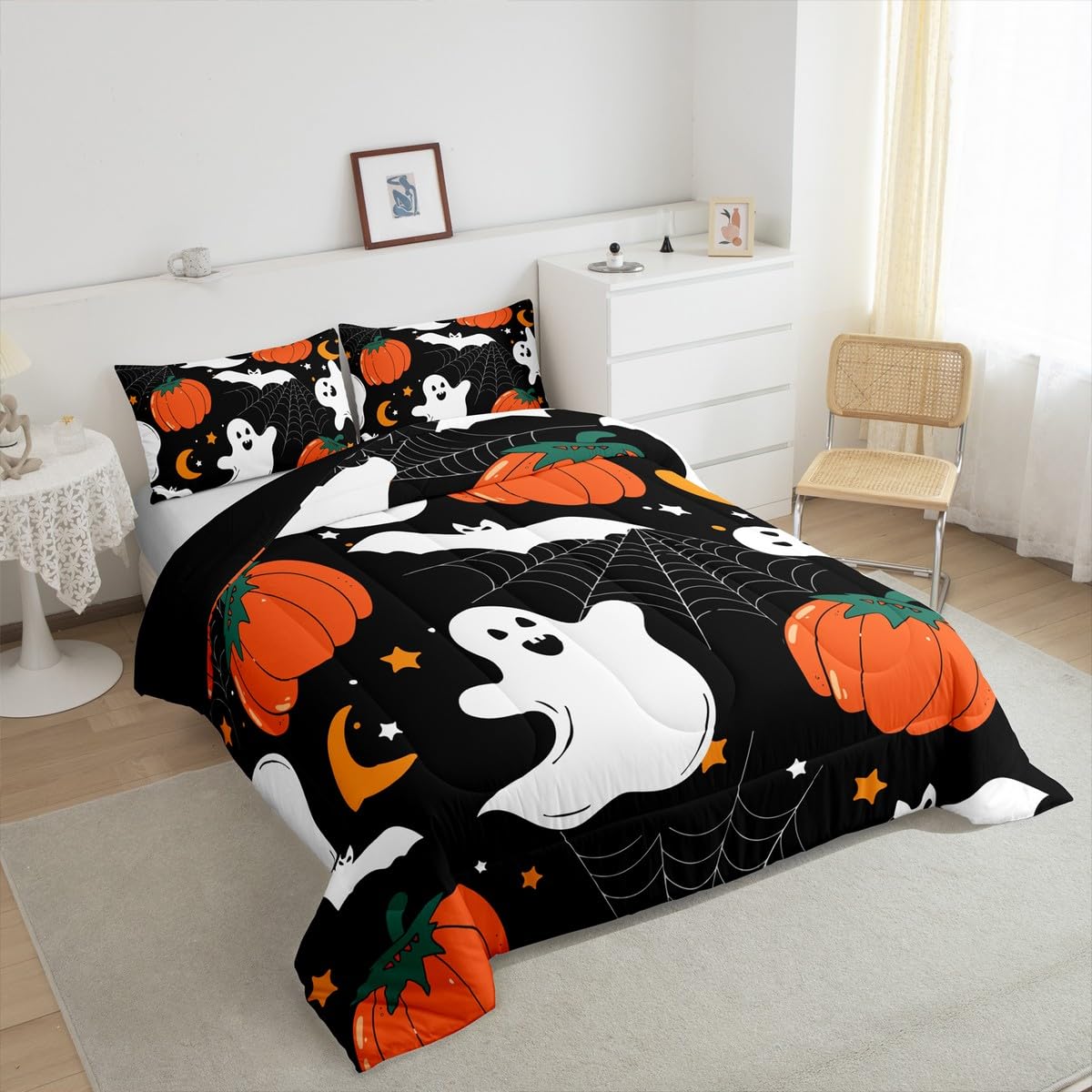 Feelyou Halloween Ghost Comforter Set for Girls Boys Kids Pumpkin Lantern Comforter Room Decorative Spider Web Bat Print Bedding Set Halloween Theme Duvet Set 3Pcs with 2 Pillow Case Queen Size