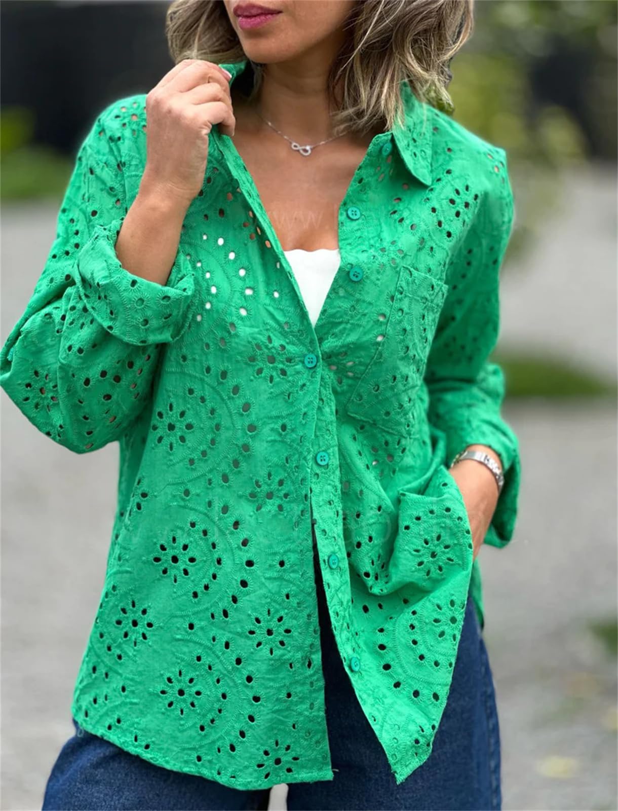 hathne Women's Crochet Embroidery Eyelet Tops Shirt Blouse Boho Long Sleeve Button Front Oversized Blouse(Green,S)