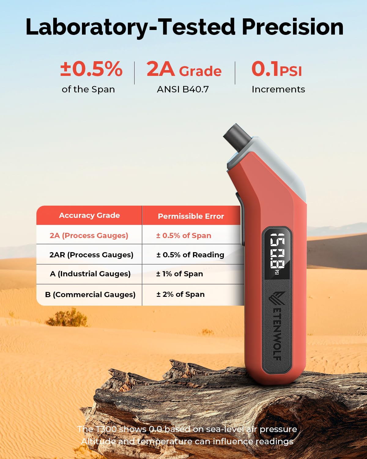 ETENWOLF T300 Digital Tire Pressure Gauge 3-200 PSI, Industrial Tire Gauge Calibrated to ANSI B40.7 Grade 2A(Plus-Minus 0.5%), Replaceable AAA Batteries (Vivid Orange)