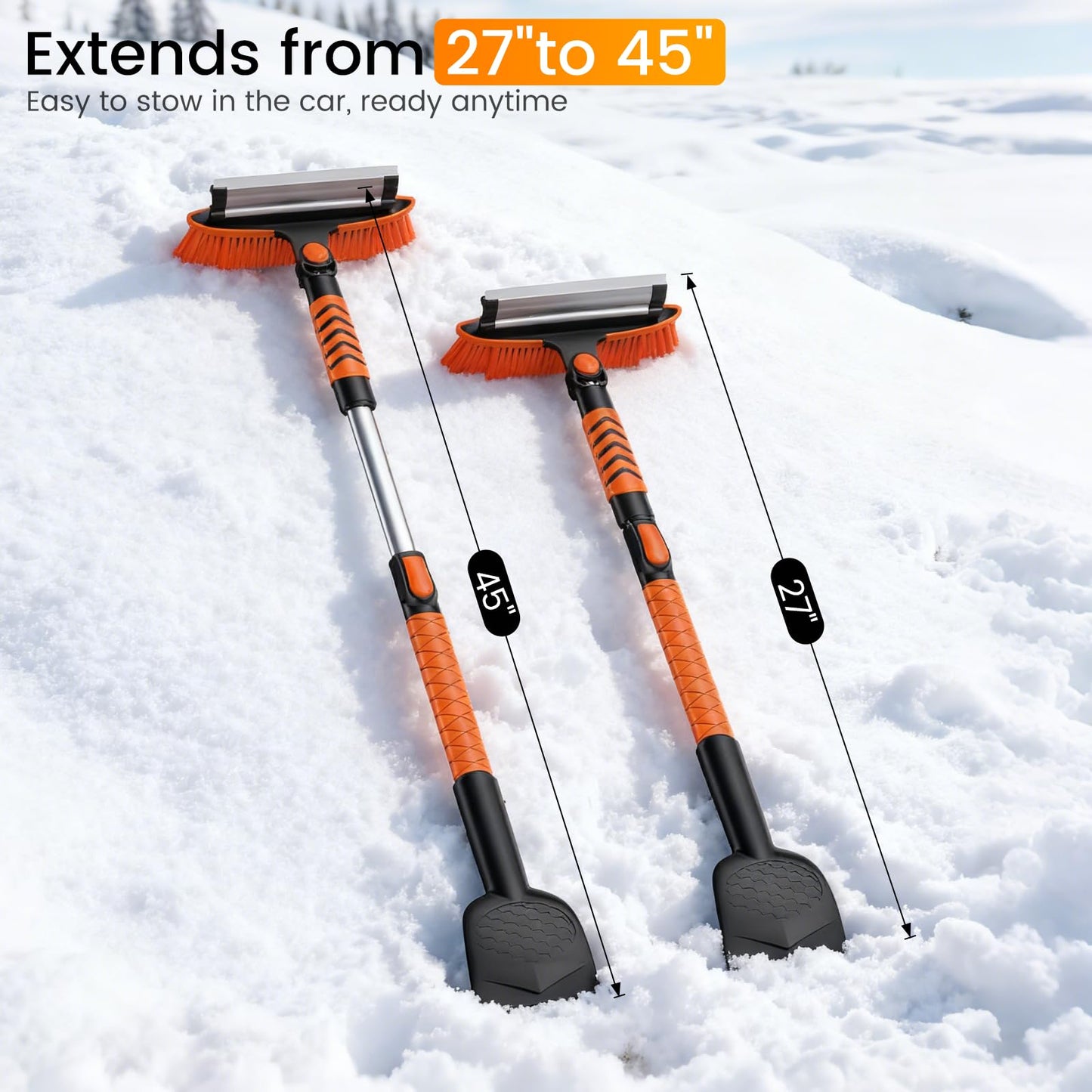 2025 45" Car Snow Brush & Ice Scraper for Windshield - Upgraded Extendable Snow Shovel with 360° Pivoting Head & Foam Grip - Fits Cars, Trucks, SUVs (Neon Orange)