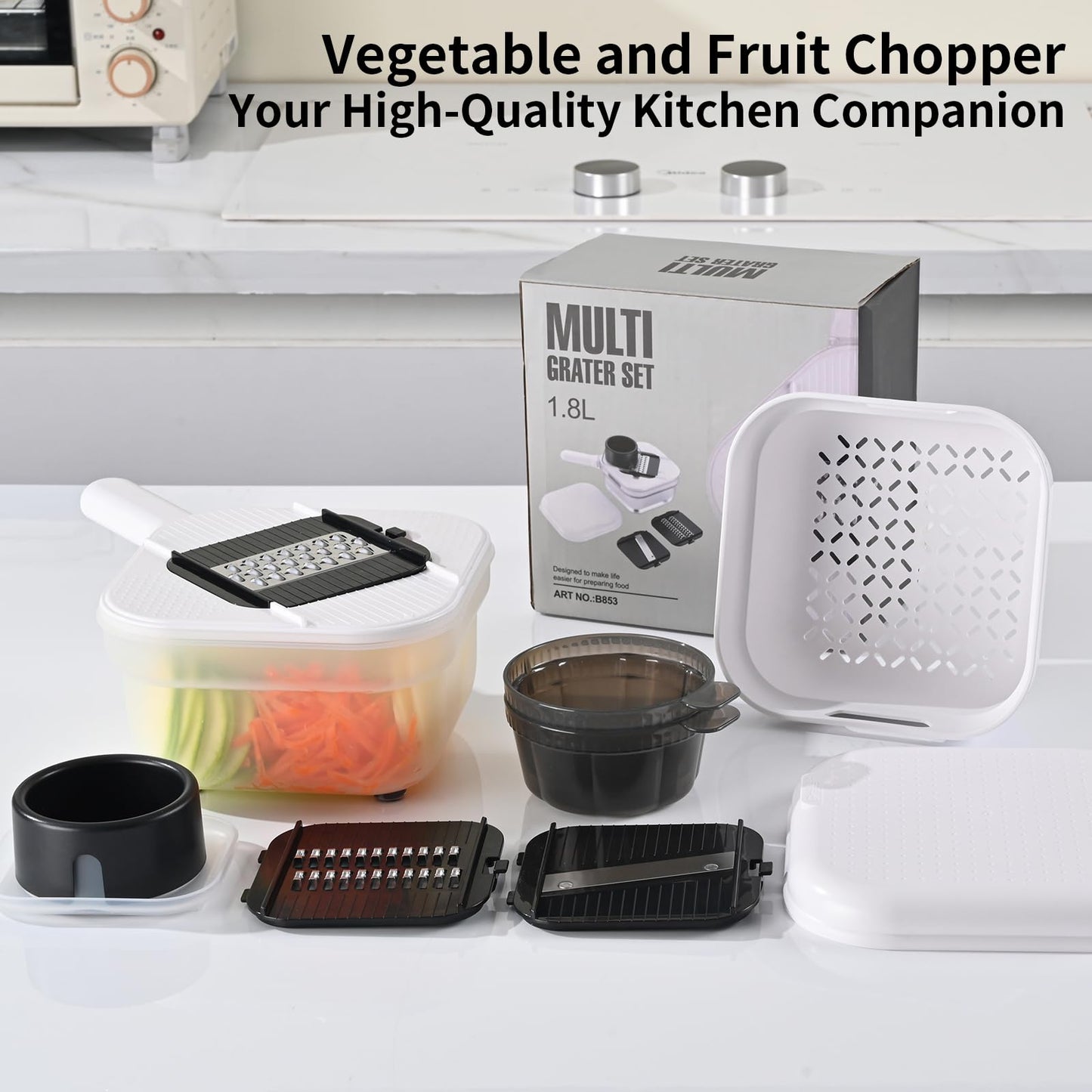 Vegetable Chopper, 3 Blade Veggie Chopper with 7.6 Cup Container, Mandoline Slicer Fruit Cutter with Strainer Basket & Safety Holder, BPA & PFAS Free Food Chopper for Onion Potato Carrot