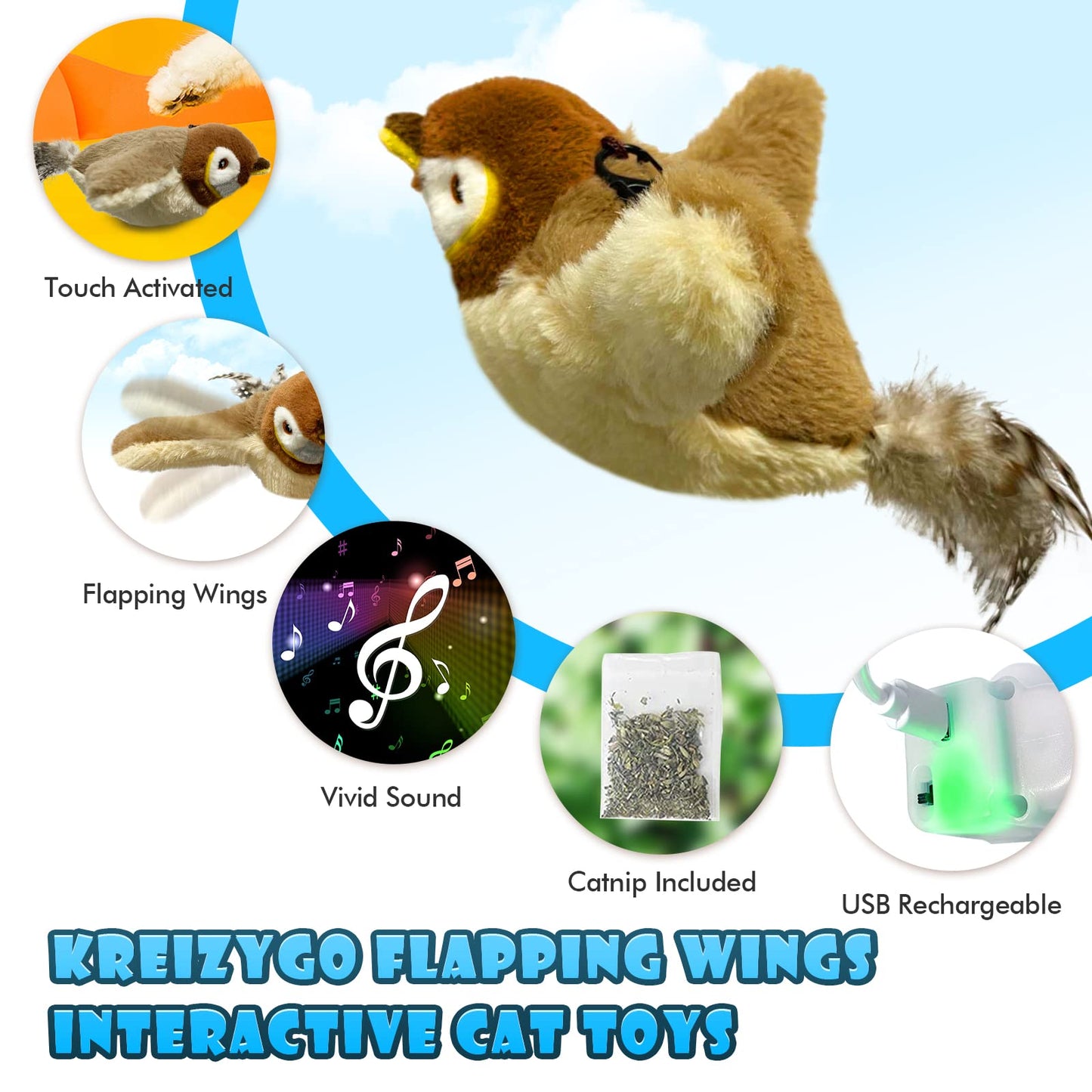 KreizyGo Cat Toys, Flapping Wings Sparrow, No Flying, Chirping Bird Interactive Catnip Toy for Kitten or Small Dogs, Touch Activated, Rechargeable