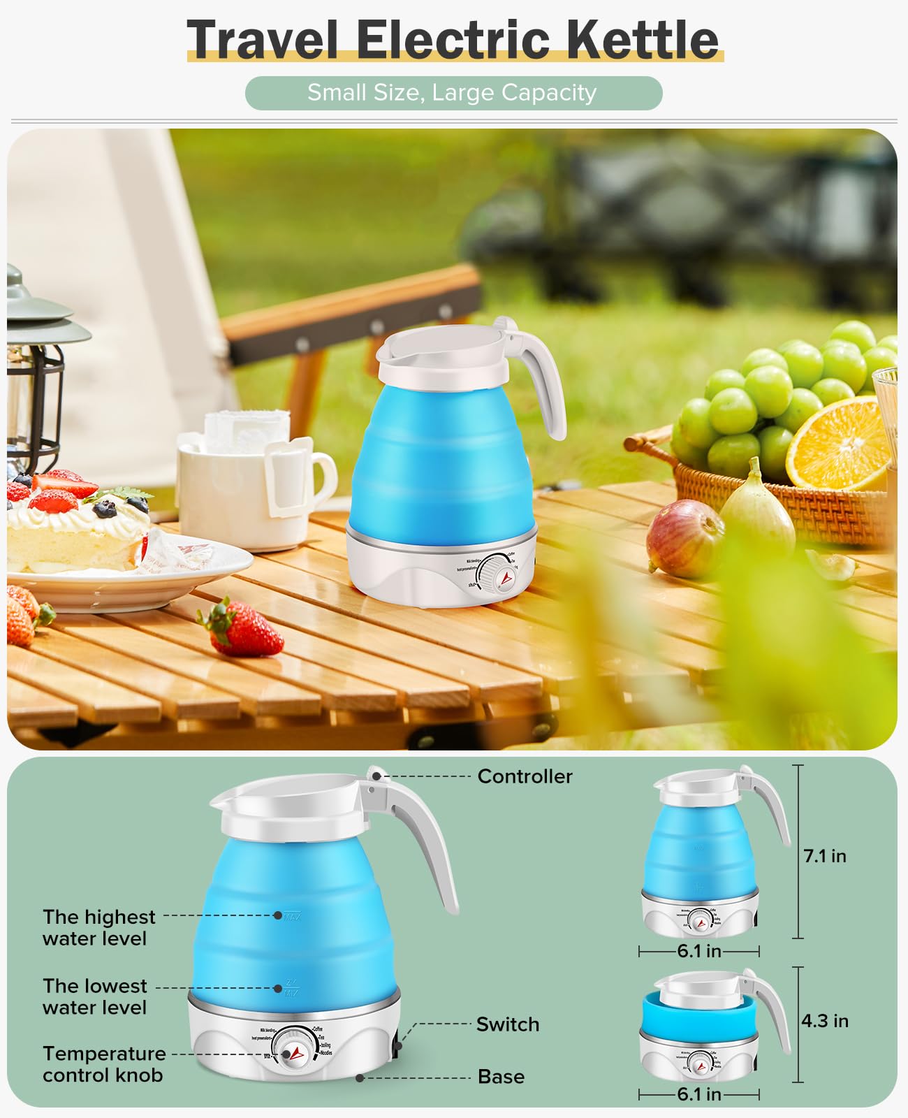 Portable Electric Travel Kettle, 600ml Collapsible Silicone Kettle with Temperature Adjustment Function for Camping, Hotels and Travel (BLUE)