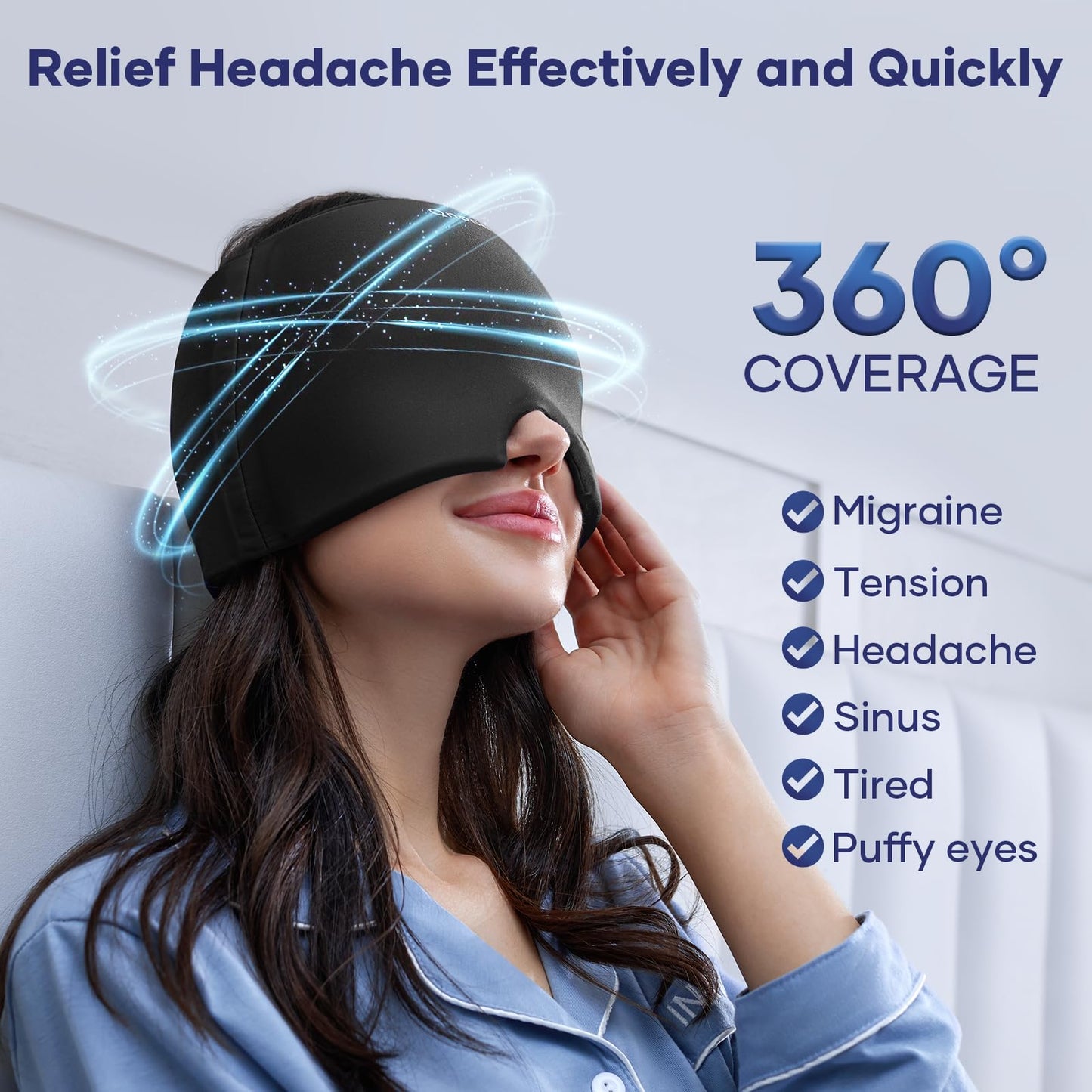 Qnoon Migraine Relief Cap, Headache Relief Cap Mask Products, Cooling Odorless Gel Ice Head Wrap for Tension, Stress,Hangover & Puffy Eyes