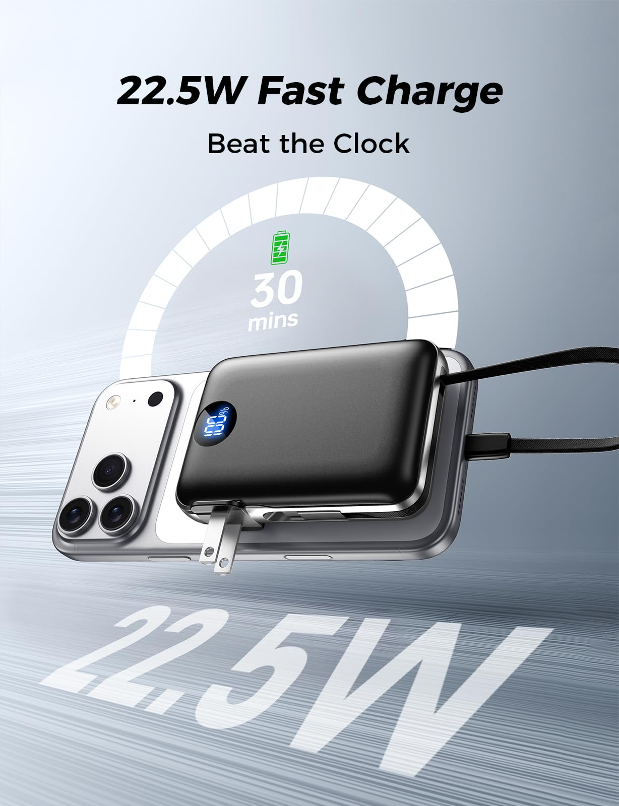 Portable Charger with Built in Cables & Wall Plug,10000mAh Power Bank, 4 Outputs,22.5W USB C Fast Charging,Slim Travel Essential Battery Pack with LED Display for iPhone 17/16/15/14 Series, Samsung