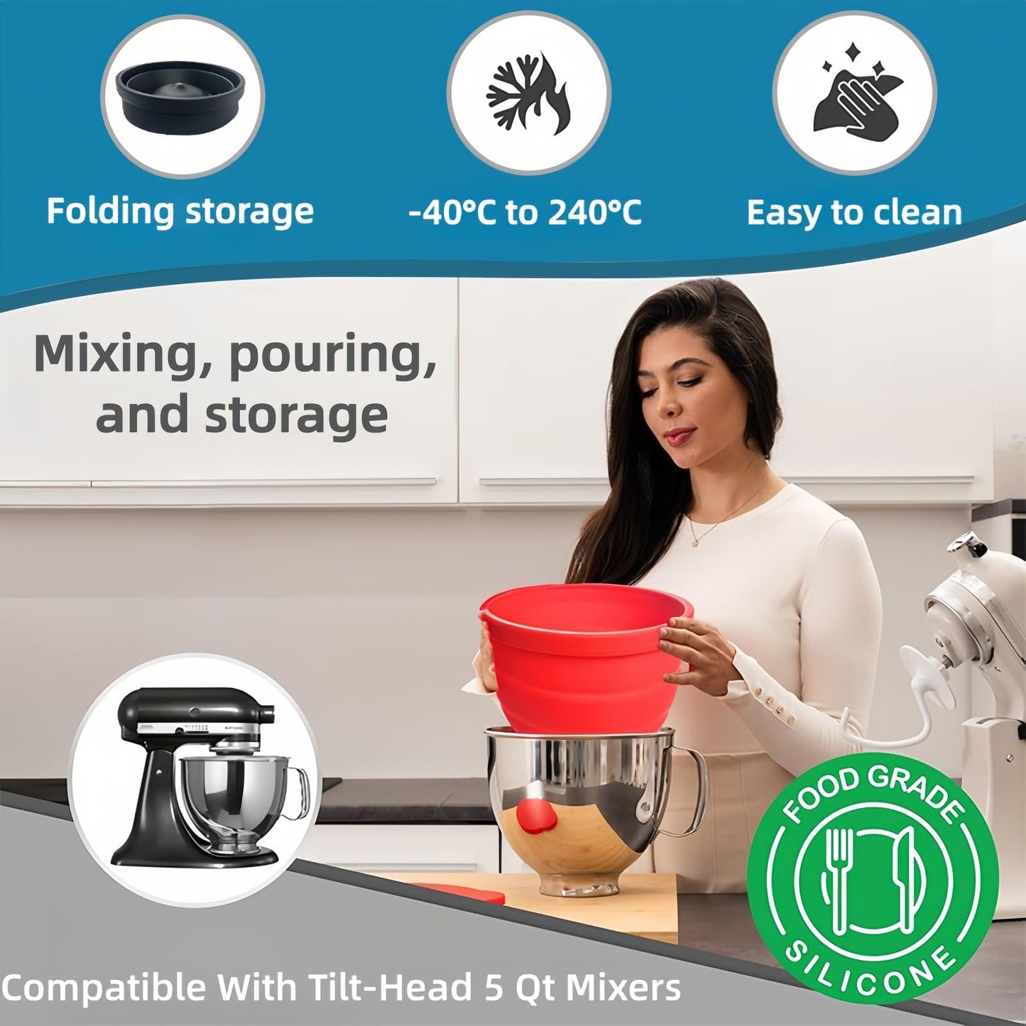 Heavy-Duty & Thickened Silicone Liner for KitchenAid 5Qt Mixer Bowl, Non-Slip Scraper Pads Insert for Tilt-Head Stand Mixers, Easy Clean Food Grade Replacement (Red)