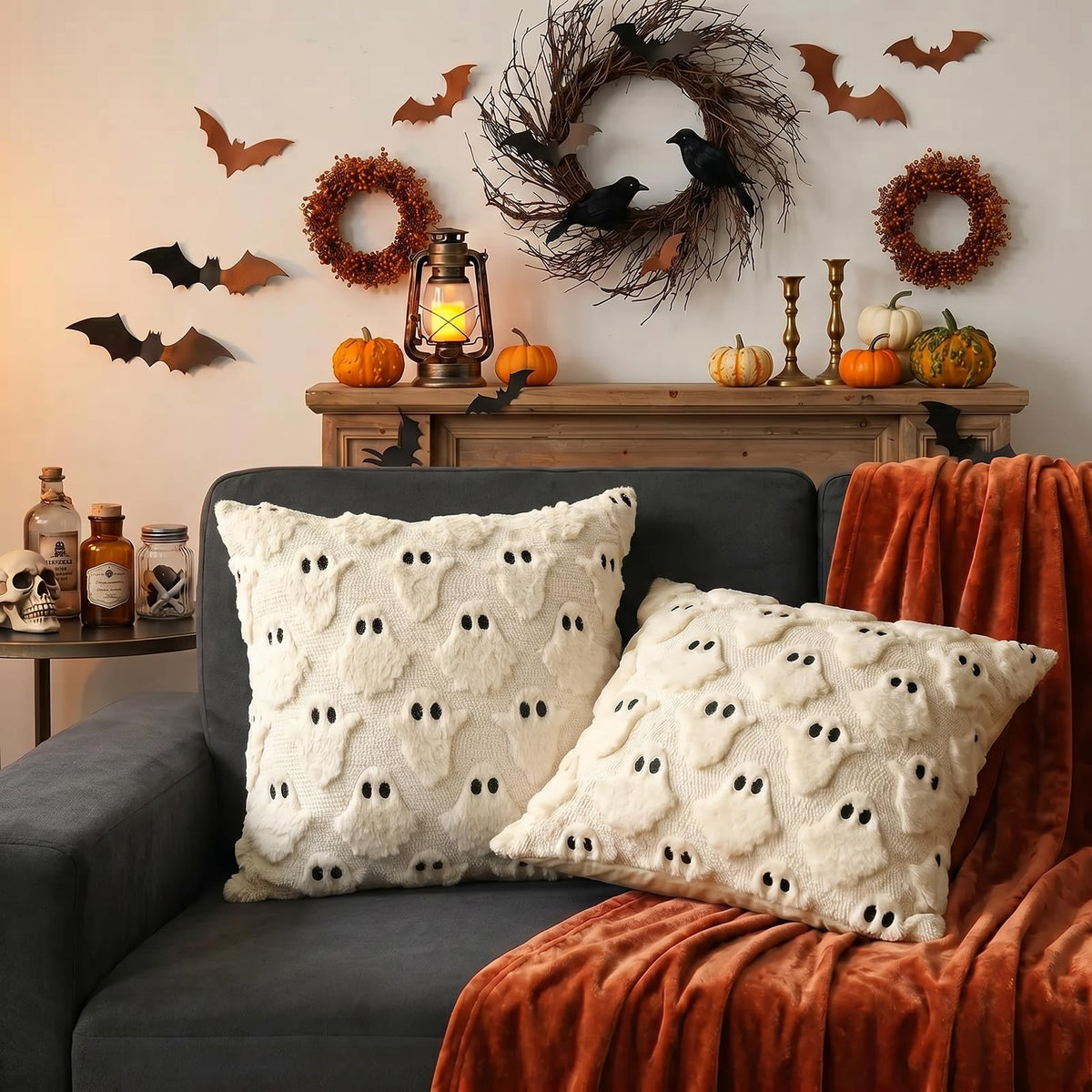 WEFNKA Halloween Pillow Covers 18x18 inch 2Pcs Beige Ghost Halloween Decor