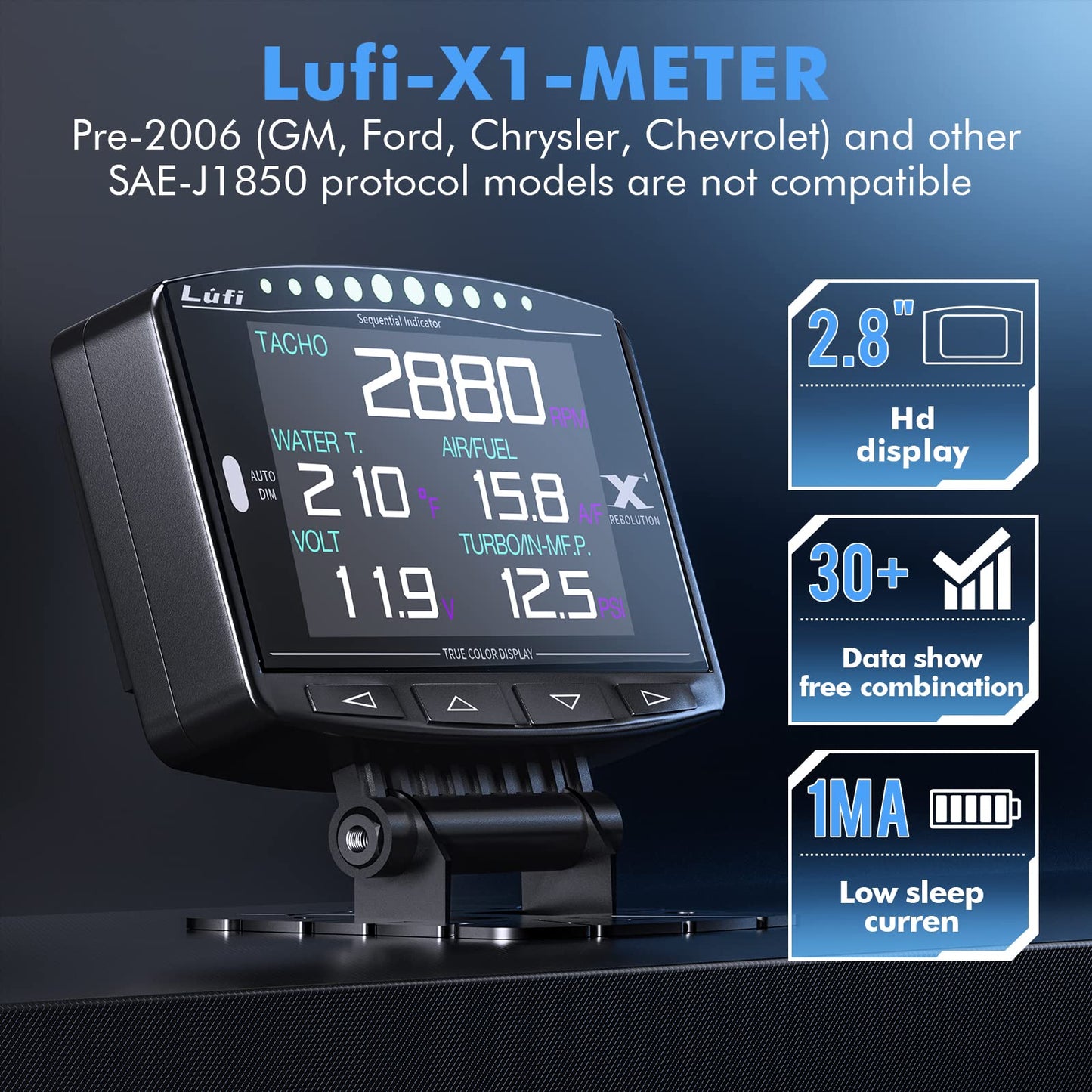 Lufi X1 Obd2 Gauge Display,Boost Gauge,Speedometer,Water Temperature Meter,Multi-ECU Data Combination Cluster,for Honda、Toyota、VW and Mazda (car Special)