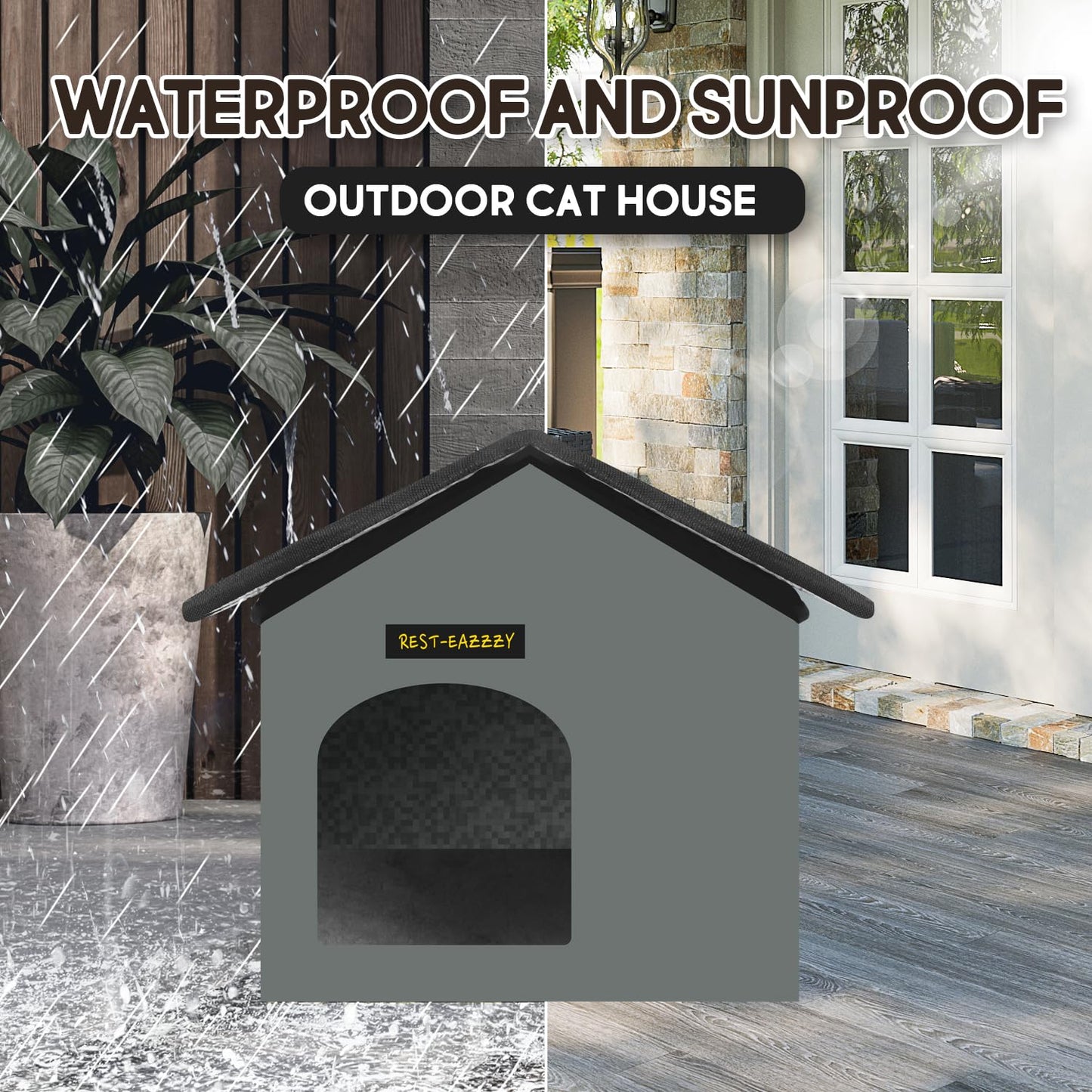 Rest-Eazzzy Cat House for Outdoor Cats, Weatherproof and Insulated Feral Cat House with Mat and Clip, Easy to Put Together, Selfwarming Cat Shelter for Winter(Grey, Waterproof House-S)