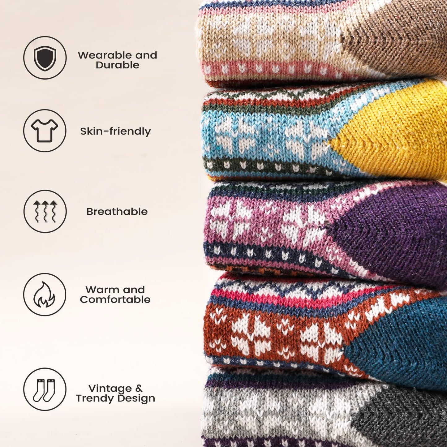 5 Pairs Wool Socks - Wool Socks for Women, Warm Cozy Crew Sock, Warm Womens Winter Sock, Thick Knit Cabin Cozy Sock Gifts for Women, 6-10