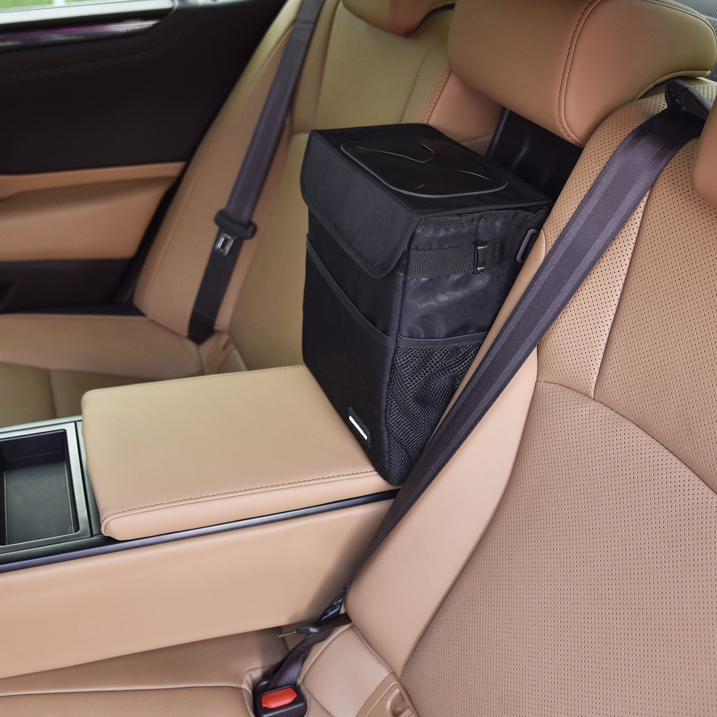 SIBOFUEGO Cute Car Trash Can with Lid β Multipurpose Collapsible Trash Bin for Car, Leak-Proof Organizer, Waterproof Garbage Can with Storage Pockets & Adjustable Straps, 2 Gallons (Black Leopard)