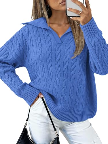PRETTYGARDEN Fall Cable Knit Oversized Sweaters for Women 2025 Polo V Neck Long Sleeve Casual Chunky Sweater Pullover Tops(Blue,Small)