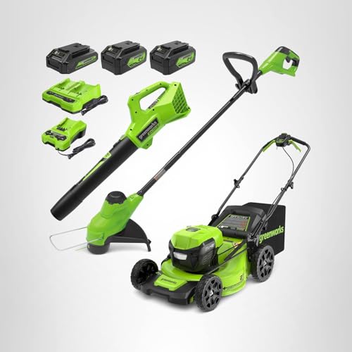 Greenworks 48V (2x24V) High - Performance Cordless Yard Tool Combo: 21" Self - Propelled Lawn Mower, 12" Trimmer & Blower, with 3 Batteries & 2 Chargers