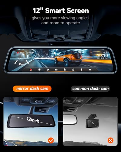 WOLFBOX G840S 12" 4K Mirror Dash Cam Backup Camera, 5.8GHz WiFi Smart Rearview Mirror for Cars & Trucks, Front and Rear View Dual Cameras, Night Vision, Parking Assistance, Included 32GB Card & GPS