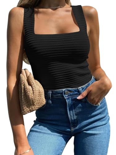 hathne Womens Ribbed Square Neck Tank Tops Summer Sleeveless Slim Fit Shirts Casual Basic Top 2025(Black,L)
