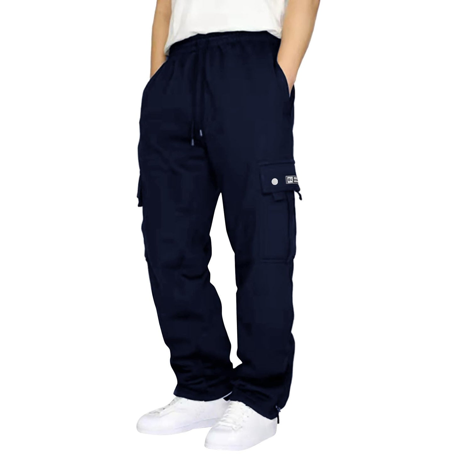 Mens Cargo Sweatpants Loose Fit Fleece Lined Straight Leg Sweatpants Plus Size Workout Athletic Joggers with Pockets Cotton Slim Fit Warm Uncuffed Open Bottom Leg Sweat Pants Jogging Exercise Pant