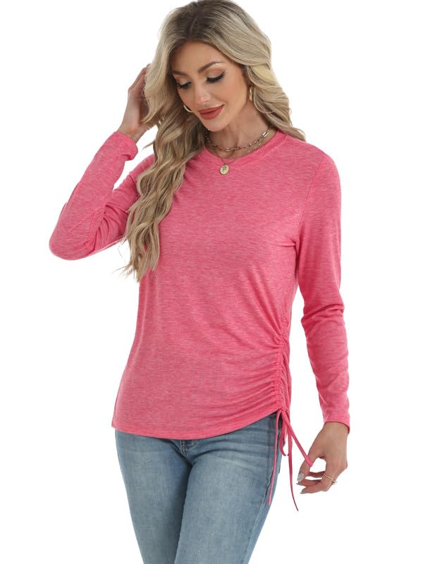 AIZHINENG Womens Long Sleeve Shirts Crewneck Tops Casual Fall Spring Trendy T-Shirts Outfits Clothes 2025 Rose Red