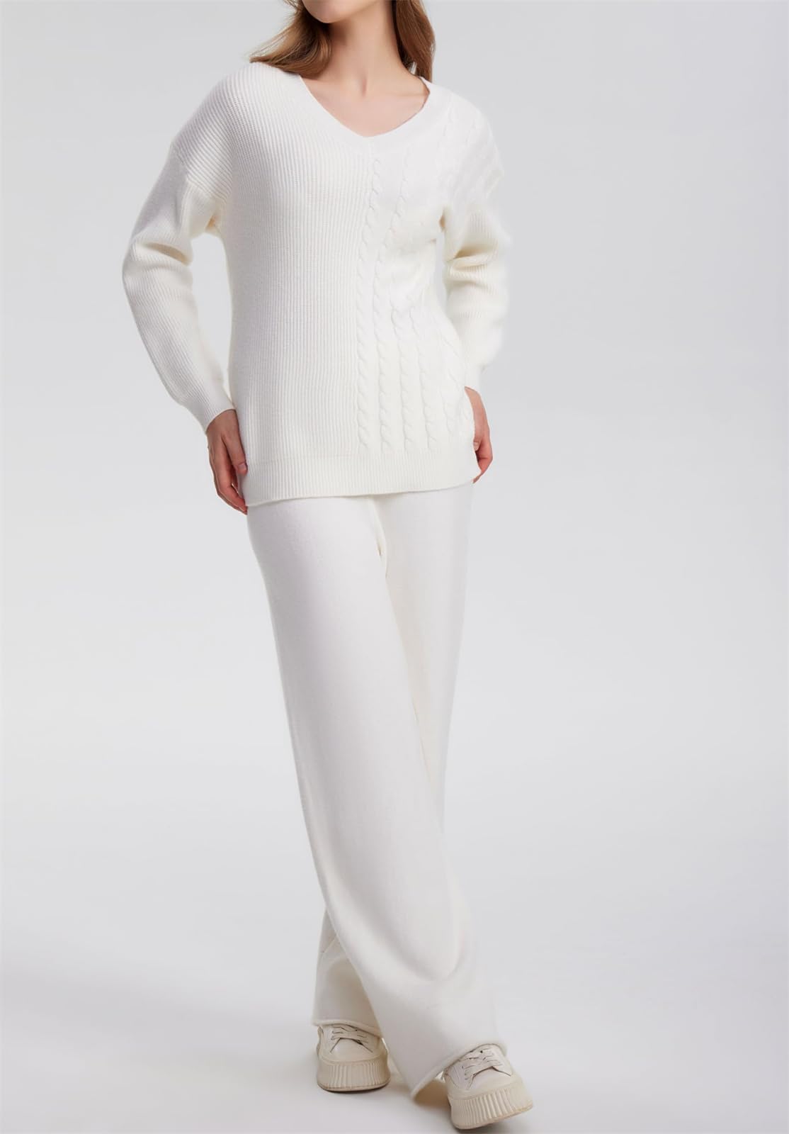 hathne 2 Piece Outfits for Women Sweater and High Waist Wide Leg Pants Lounge Sets Long Sleeve Knit V Neck Pullover (White,Small)