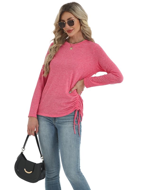 AIZHINENG Womens Long Sleeve Shirts Crewneck Tops Casual Fall Spring Trendy T-Shirts Outfits Clothes 2025 Rose Red