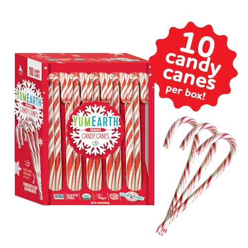 YumEarth Organic Candy Canes - Individually Wrapped Full Size Peppermint Candy Canes - Allergy Friendly, Non GMO, Gluten Free, Vegan, Dye Free Christmas Candy - 10 Count (Pack of 1)