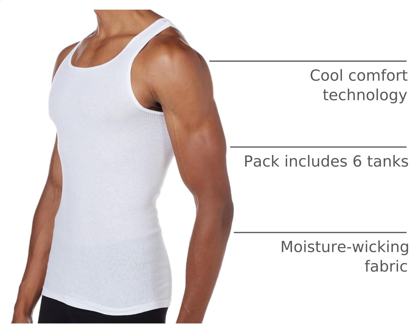 Hanes Men Tank Top Undershirt Pack, Cool & Breathable Cotton, Moisture-Wicking Ribbed Tanks for Men, White - L