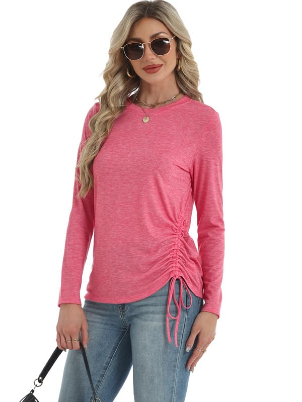AIZHINENG Womens Long Sleeve Shirts Crewneck Tops Casual Fall Spring Trendy T-Shirts Outfits Clothes 2025 Rose Red