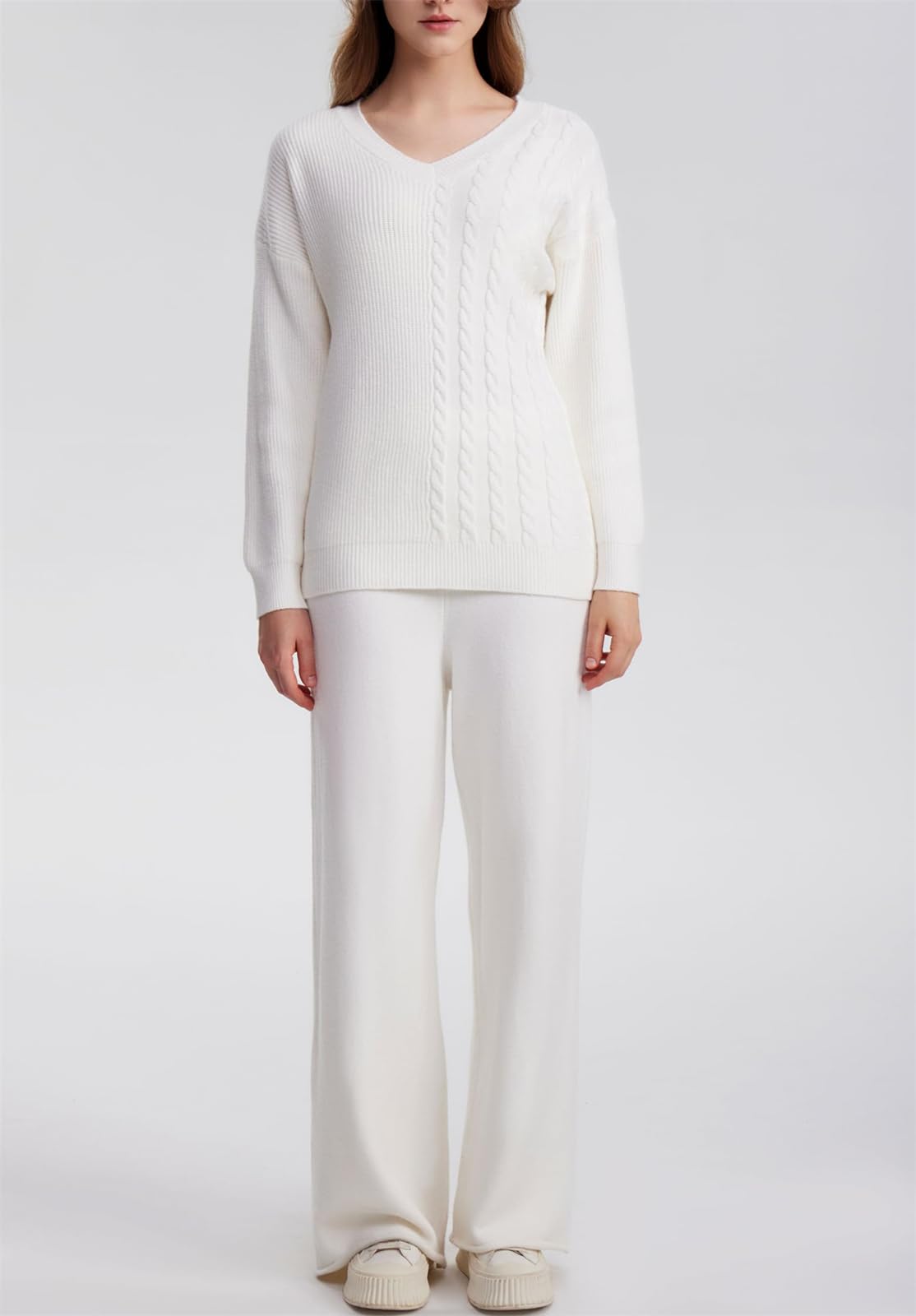 hathne 2 Piece Outfits for Women Sweater and High Waist Wide Leg Pants Lounge Sets Long Sleeve Knit V Neck Pullover (White,Small)