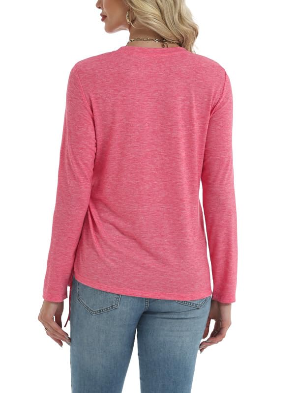 AIZHINENG Womens Long Sleeve Shirts Crewneck Tops Casual Fall Spring Trendy T-Shirts Outfits Clothes 2025 Rose Red