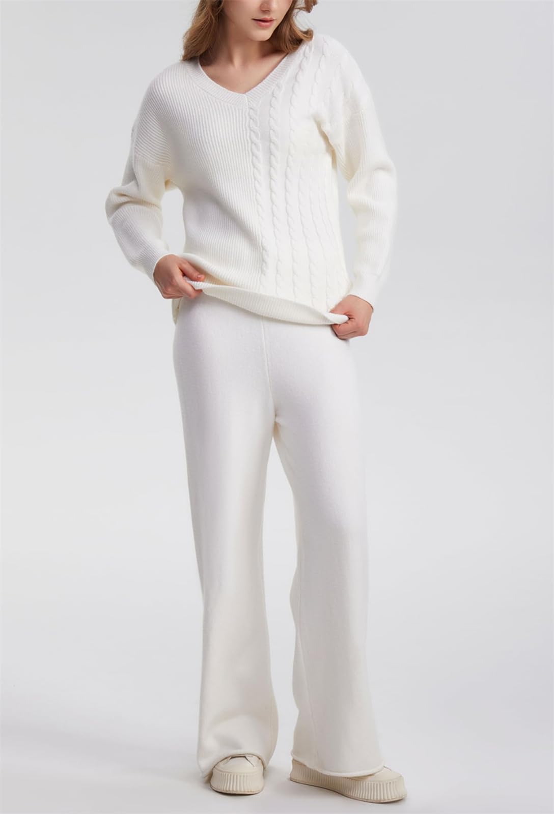 hathne 2 Piece Outfits for Women Sweater and High Waist Wide Leg Pants Lounge Sets Long Sleeve Knit V Neck Pullover (White,Small)