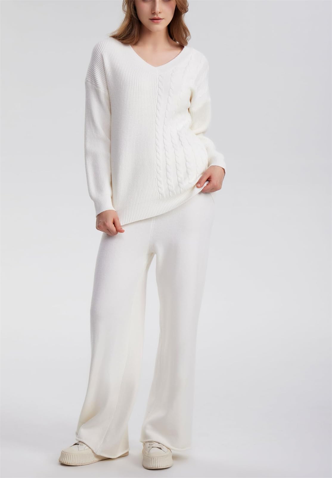 hathne 2 Piece Outfits for Women Sweater and High Waist Wide Leg Pants Lounge Sets Long Sleeve Knit V Neck Pullover (White,Small)