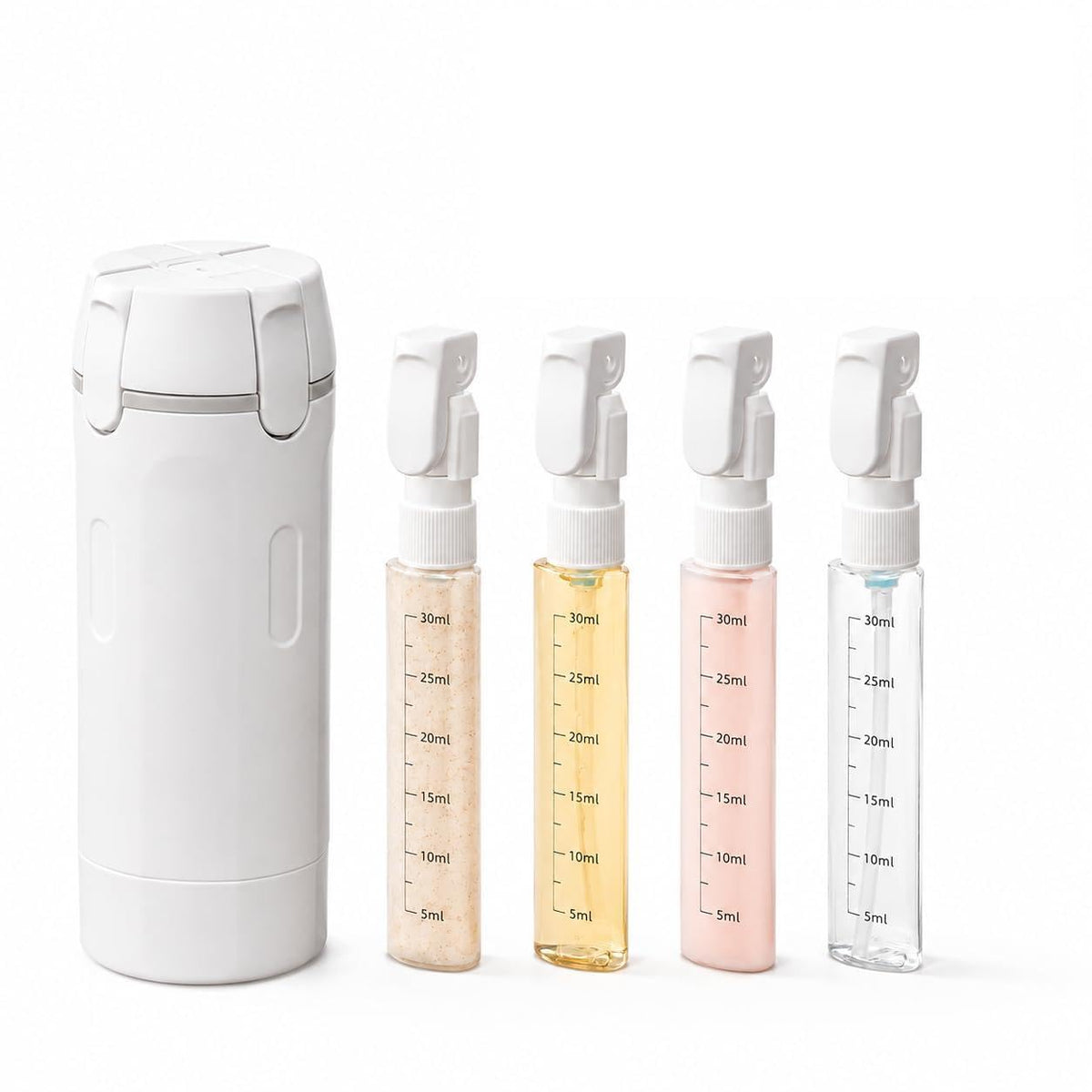 PIQOLA 4 in 1 Travel Dispenser Bottle, Leak Proof Refillable Travel Toiletry Containers, Travel Bottles Set Meets TSA 3-1-1 Requirements for about 3 Days Business Trip (Per Person), 4 x 30ml, White