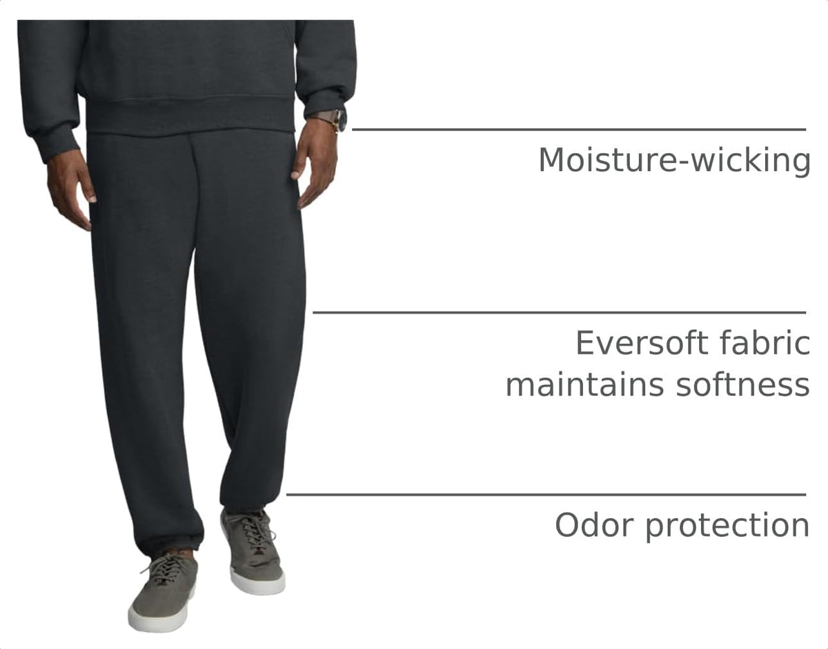 Fruit Of The Loom Mens Eversoft Fleece Elastic Bottom With Pockets, Relaxed Fit, Moisture Wicking, Breathable Sweatpants, Black Heather, Large US