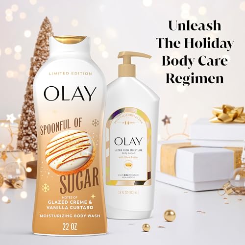 Olay Body Wash for Women, Hydrating & Moisturizing, Holiday Edition, With Plant Based Cleansers, B3 Complex, For All Skin Types, Spoonful of Sugar with Glazed Crème & Vanilla Custard Scent, 22 fl oz
