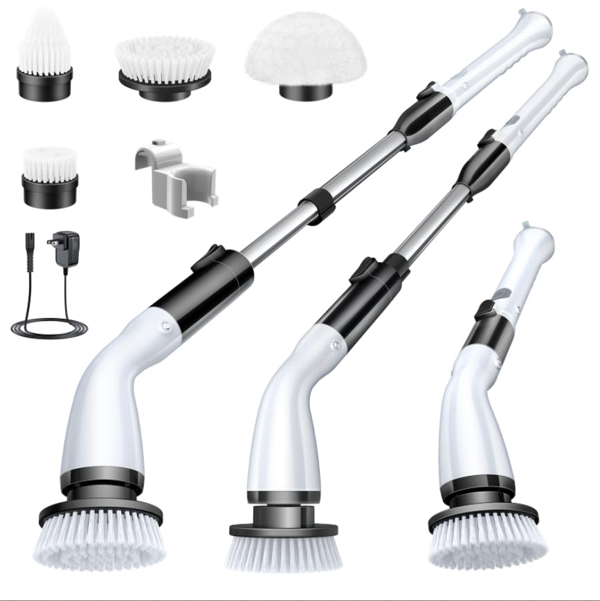 LABIGO Electric Spin Scrubber LA1 Pro, Cordless Spin Scrubber with 4 Replaceable Brush Heads and Adjustable Size Extension Handle Power Full Cleaning Brush for Bathroom Floor (Deep Black)