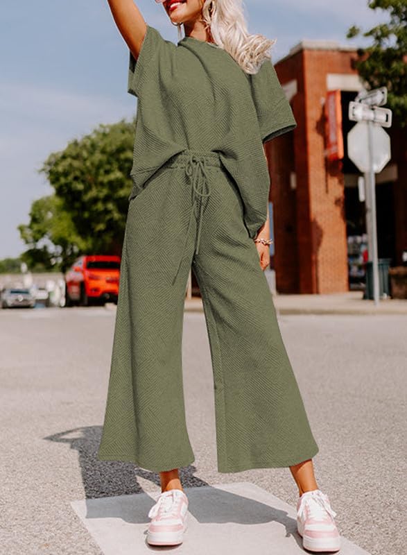 Women's 2 Piece Outfits Lounge Sets Summer Textured Batwing Sleeve Pullover Tops Wide Leg Pant Set(Army Green,S)