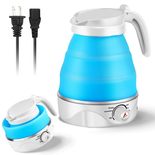 Portable Electric Travel Kettle, 600ml Collapsible Silicone Kettle with Temperature Adjustment Function for Camping, Hotels and Travel (BLUE)