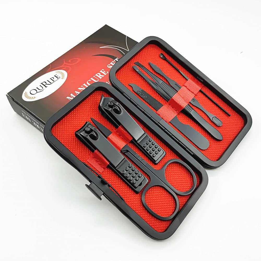 QURIPE 7pcs Manicure Set, Nail Clippers Kit, Stainless Steel Manicure Kit, Nail Clipping Tools Portable Travel Grooming Kit, The Best Gift with Luxurious Case (Black-7)