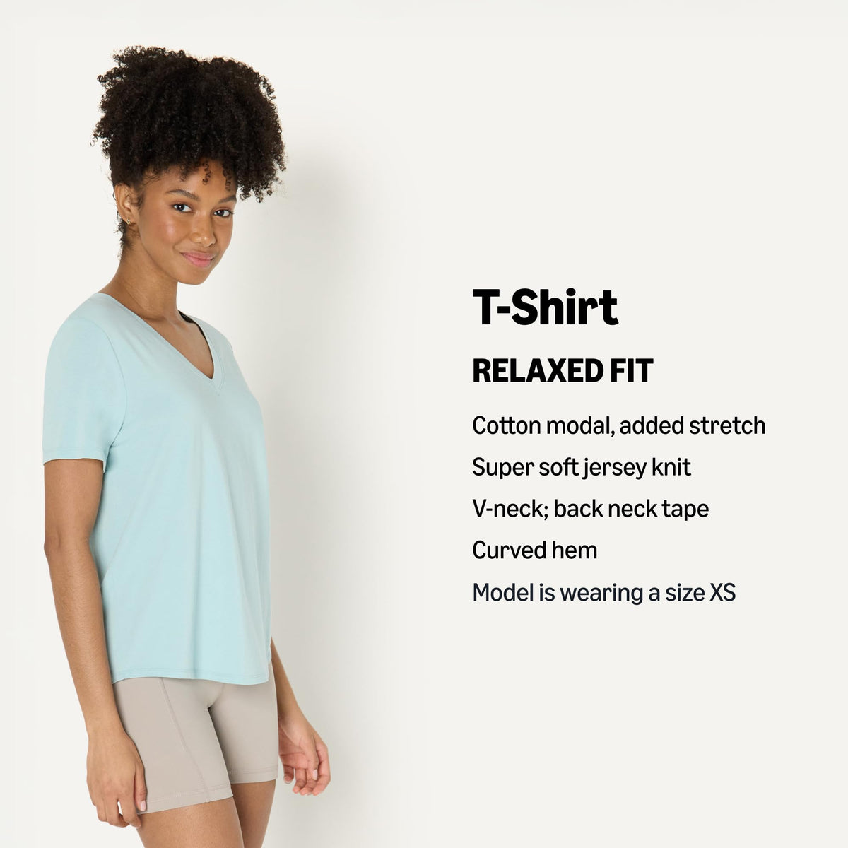 Amazon Essentials Women's Active Soft Cotton Modal V-Neck Short Sleeve Lightweight Yoga Workout T-Shirt with Curved Hem, Light Blue, Large