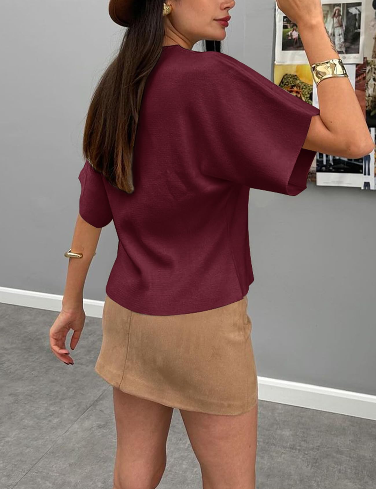 hathne Women's V Neck Short Sleeve Cardigan Sweater Button Down Ribbed Knit Tops(Wine Red,S