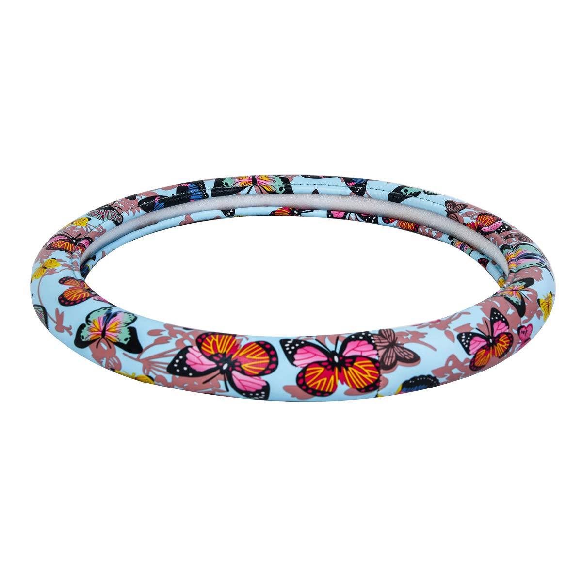 CAR-GRAND Pretty Colorful Butterfly Steering Wheel Cover, Universal 14.5-15 Inch Anti-Slip Leather Car Wheel Protector for Women and Girls, Fit Trucks, Suvs,Vans, Sedans (Light Blue and Colorful)