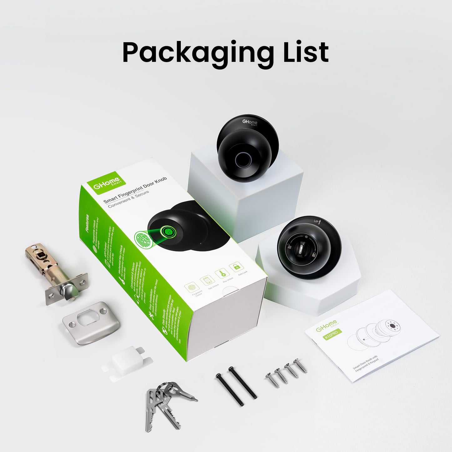 GHome Smart Fingerprint Door Lock, 3 in 1 Smart Fingerprint Door Knob with App Control & Key, Auto Lock, Biometric Thumbprint Door Locks for Bedroom, Garage, Home & Office