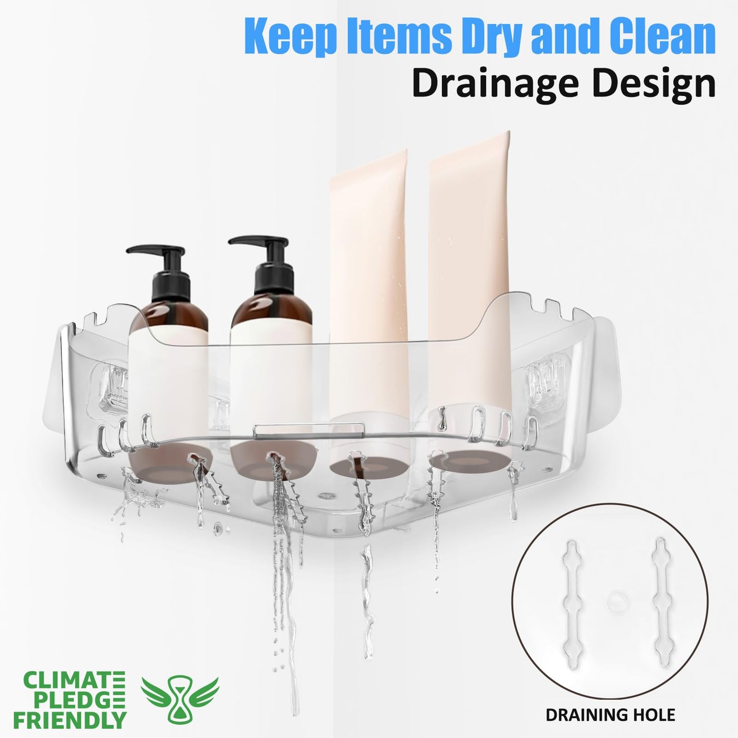 EEKEDO Corner Shower Caddy, 2 Pack Clear Acrylic Corner Shower Shelves Adhesive No Drilling Wall Mounted Shower Rack with Hooks for Bathroom Shampoo Organizer Kitchen Holder