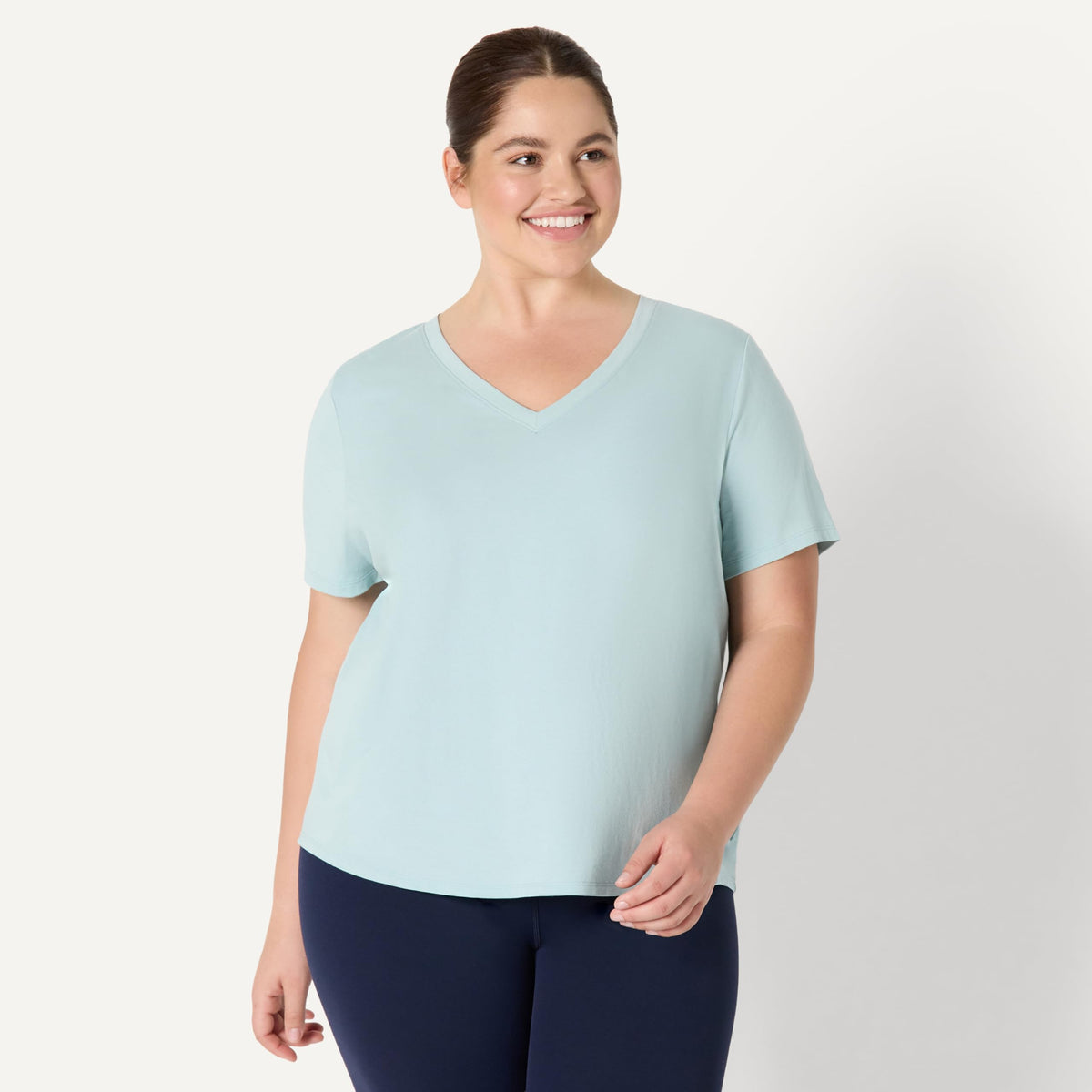 Amazon Essentials Women's Active Soft Cotton Modal V-Neck Short Sleeve Lightweight Yoga Workout T-Shirt with Curved Hem, Light Blue, Large