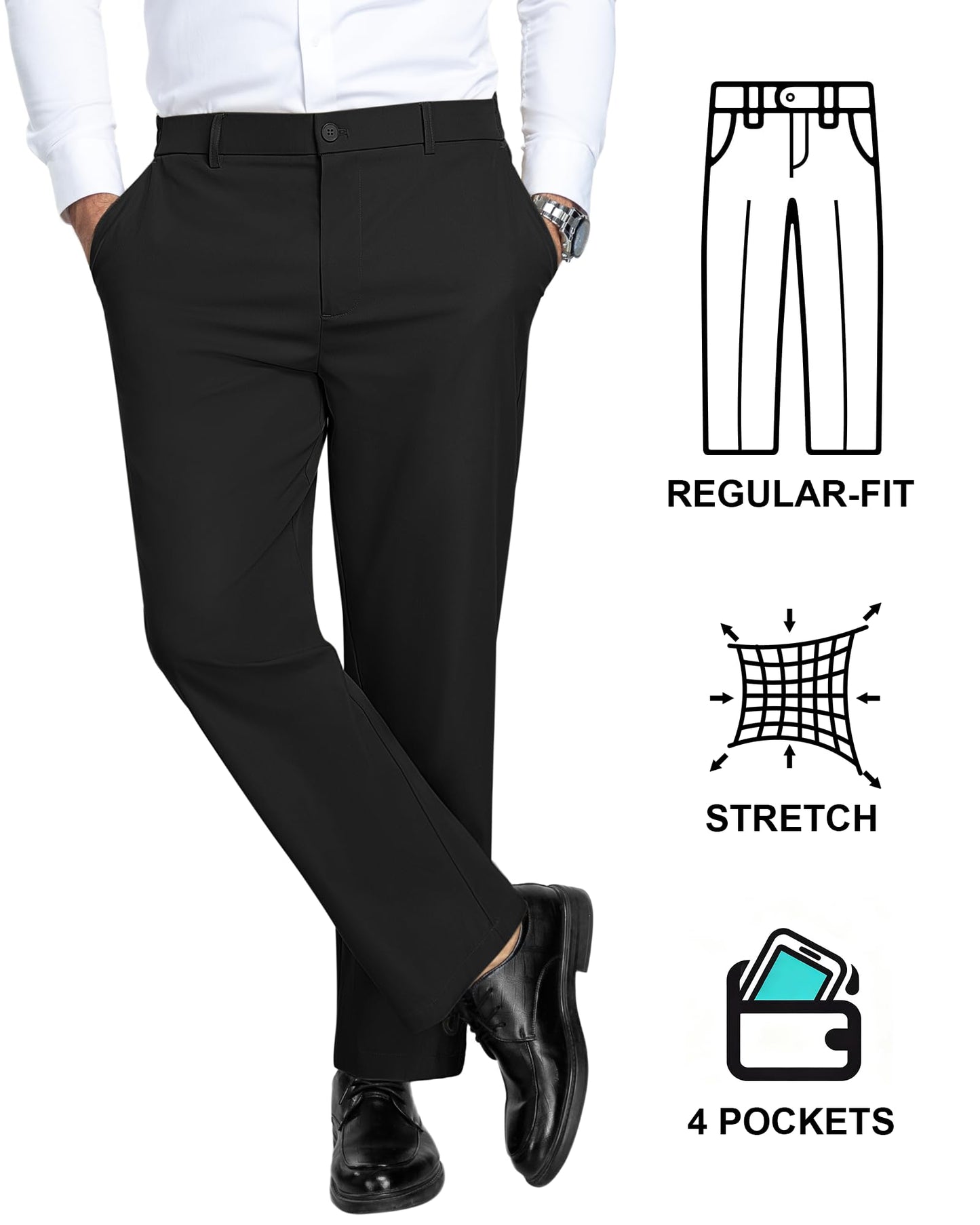 DOWMQ Mens Dress Pants Classic Fit Work Slacks 28"/30"/32" Lightweight Expandable Waist Trousers Casual Golf Pants Black,34Wx28L